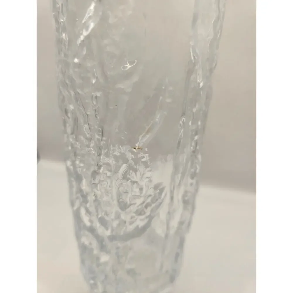 Vintage Ice Glass Vase Tall Clear Textured Bark Mid Century Modern‎ Scandinavian
